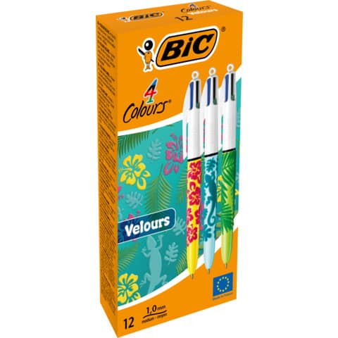 Penna a sfera a scatto BIC 4 Colours Velours M 1 mm in conf. 12 fantasie assortite - 9672771